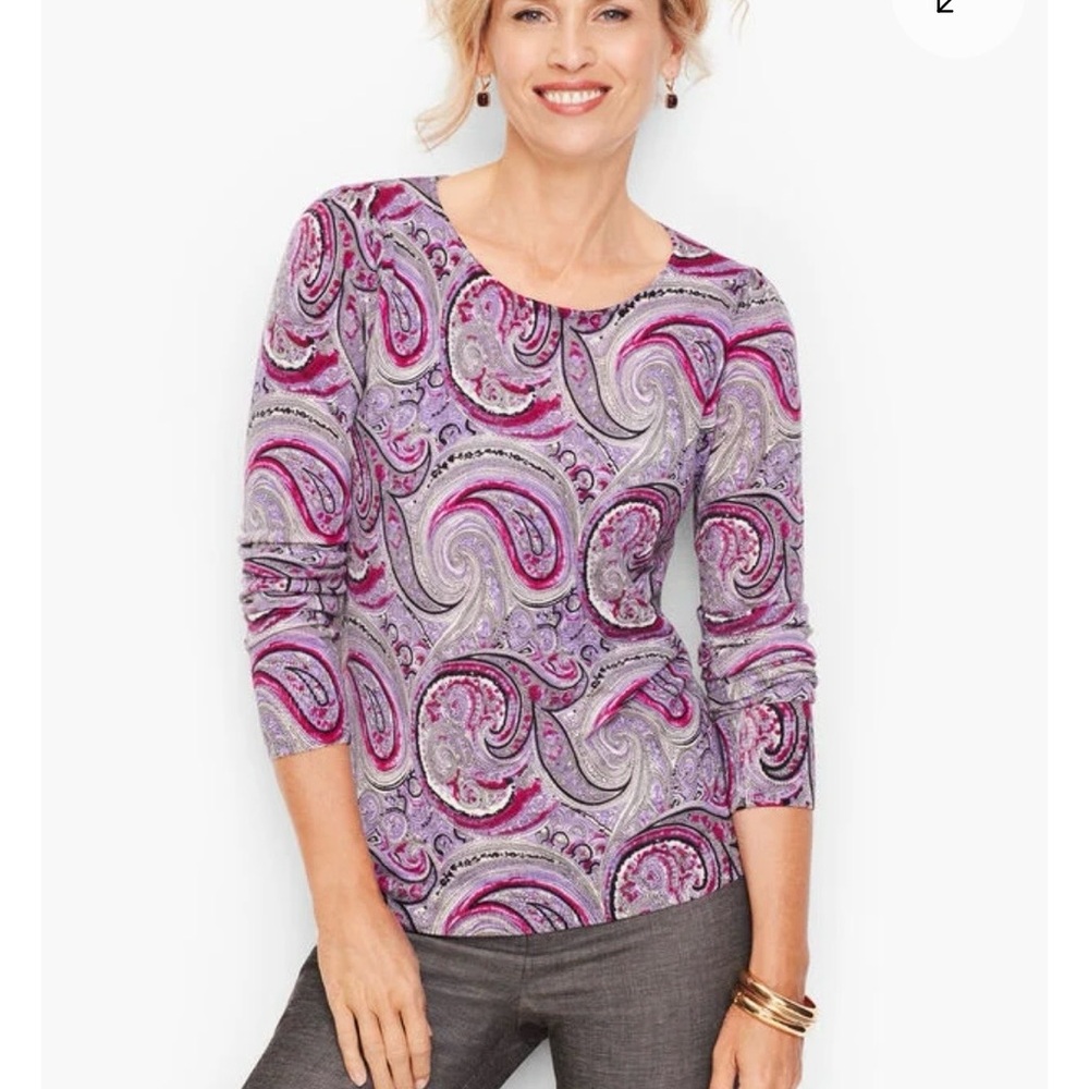 Talbots 2X Paisley Long Sleeve Merino Wool Sweater Top in Pink and Purple
